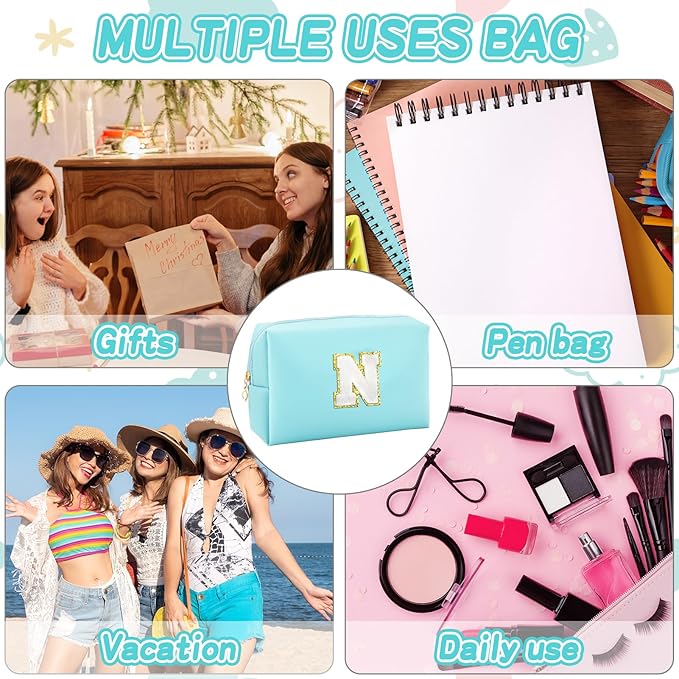 Gifts for Girls Initial Makeup Bag Personalized Cosmetic Bag with Zipper Cute Travel Toiletry Bag Waterproof PU Preppy Makeup Pouch Birthday Gift for Teen Girls Women(Blue N)