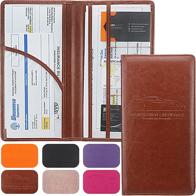 LumiMokki Premium Car Registration & Insurance Card Holder with Magnetic Shut, Vehicle Glove Box Car Organizer - For Documents, Cards, License (Brown)