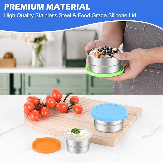 E-far Snack Containers with Lid Set of 3 (3, 6, 12.9oz), Stainless Steel Food Container for Kids Toddlers Adults, Round Metal Reusable Food Storage Box for Daycare School, Leak Proof & Stackable