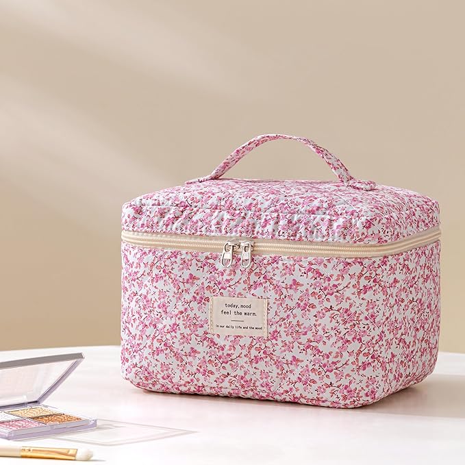 HBselect Quilted Makeup Bag, 3PCS Cotton Large Travel Makeup Bag, Cute Floral Coquette Make up Bag Cosmetic Bag Toiletry Bag for Women Girls