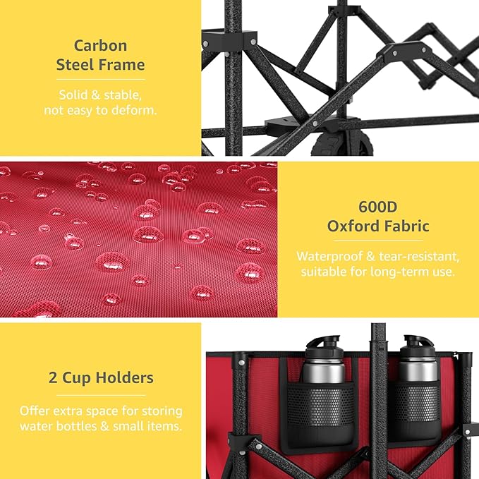 Wine Red Collapsible Wagon with Wheels, Portable Wagons Carts Foldable, Folding Wagon Cart for Groceries, Sports Garden Shopping Utility Wagon