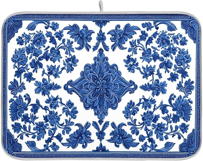 Blue White Porcelain Floral Dish Drying Mat for Kitchen Countertop 16x18 Rectangle Small Drying Mat Reusable Quick Dry Dish Sink Absorbent Mats Dishwasher Easy Clean Decorative Home Decor Essentials