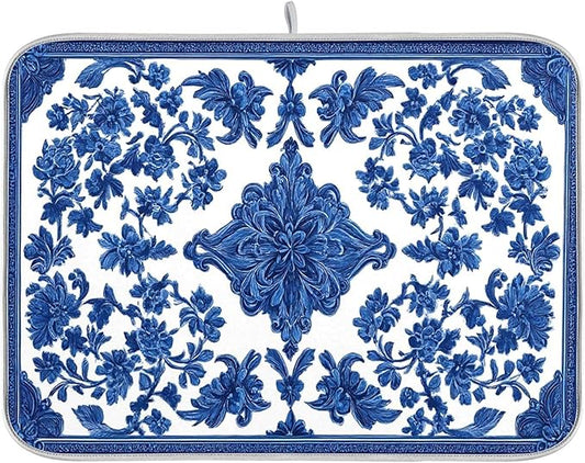 Blue White Porcelain Floral Dish Drying Mat for Kitchen Countertop 18x24 Rectangle Large Drying Mat Reusable Quick Dry Dish Sink Absorbent Mats Dishwasher Easy Clean Decorative Home Decor Essentials