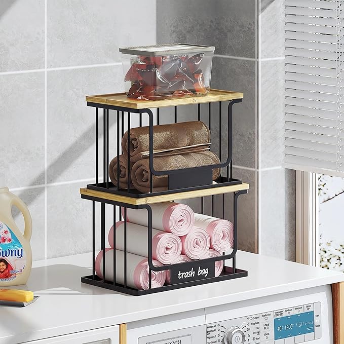 1 Pack Trash Bag Holder, Stackable Garbage Bag Dispenser Under Sink with Bamboo Top & Metal Base for Kitchen Countertop Organization and Storage, Laundry, Pantry Organizer (Black, 11.2" × 6.7" × 7.1")