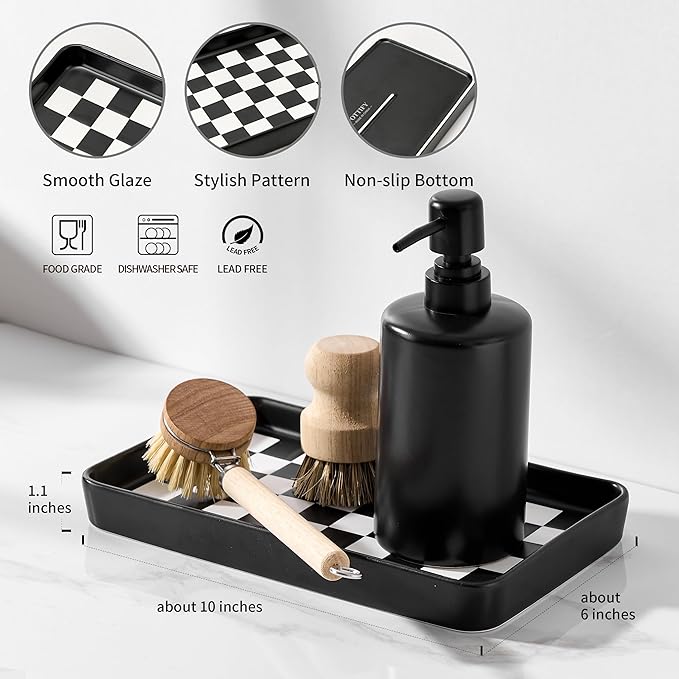 10"×6"×1" Texture Checkered Surface Bathroom Vanity Tray for Countertop- Ceramic Decorative Organizer Tray for Dresser Top, Toilet, Perfume, Sponge Holder Soap Dish Dispenser for Kitchen Counter