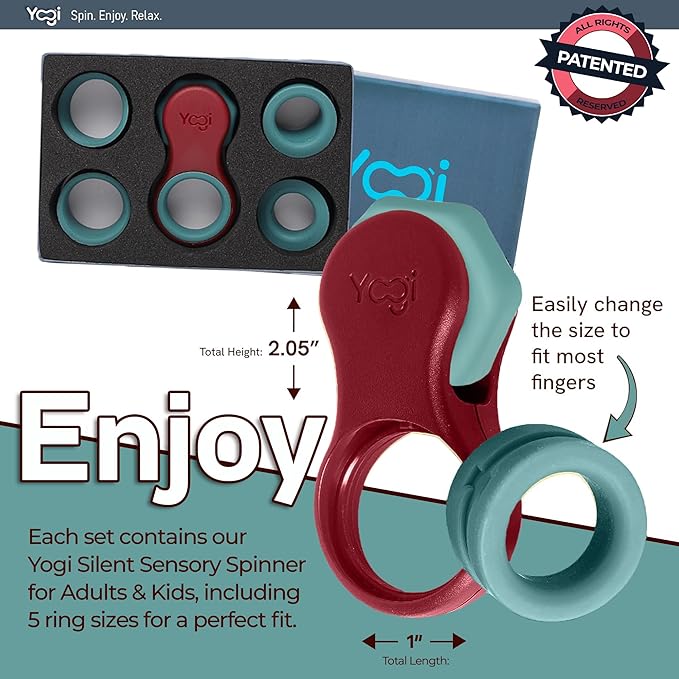 Yogi Fidget Toy – Silent Sensory Spinner for Adults & Kids – Stress Relief Fidgets for ADHD, Anxiety – Fidget Toys for Adults – Includes 5 Finger-Fit Rings – Work, School & Travel – Lava