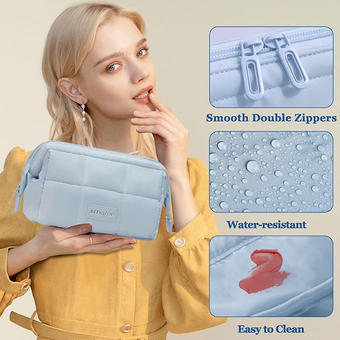 Makeup Bag Travel Toiletry Bag - Puffy Padded Make Up Bag, Waterproof Cosmetic Bag with Multiple Compartments, Wide-open Makeup Pouch for Cosmetics, Toiletries, and Travel Essentials, Blue