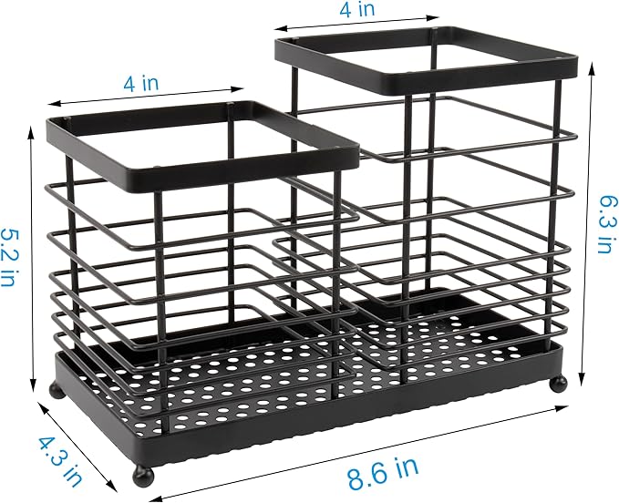 Utensil Holder for Countertop, Stainless Steel Kitchen Holder, 2-In-1 Spoon Spatula Holder for Kitchen Counter, Large Wire Utensils Organizer, Black Cooking Tool Holder Storage Crock (2 Compartment)