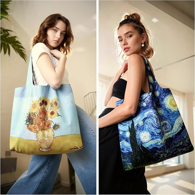Reusable Grocery Bags, Oil Painting Art Tote Bags With Carry Pouch Waterproof Shopping Bags for Travel Daily Use
