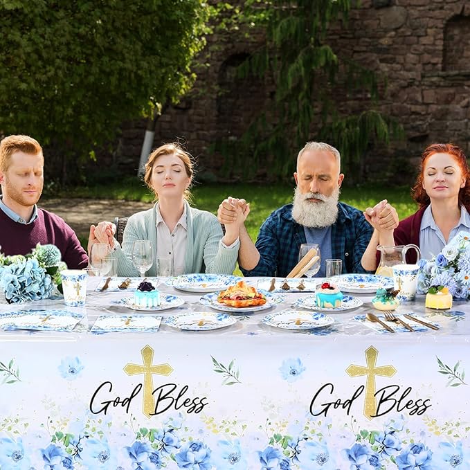 Ganeen 3 Pcs Baptism Tablecloth First Holy Communion Tablecloth Blue Boy God Bless Disposable Plastic Waterproof Cross Table Covers for Christening Baby Shower Religious Decor, 54 x 108 Inch