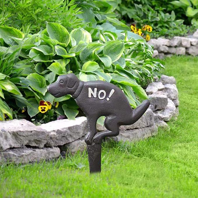 JUXYES Pack of 2 Cast Iron No Pooping Yard Sign Stake, No Dog Allowed Poop Spike Garden Hose Guides Decorative Stake for Garden Lawn Yard Black