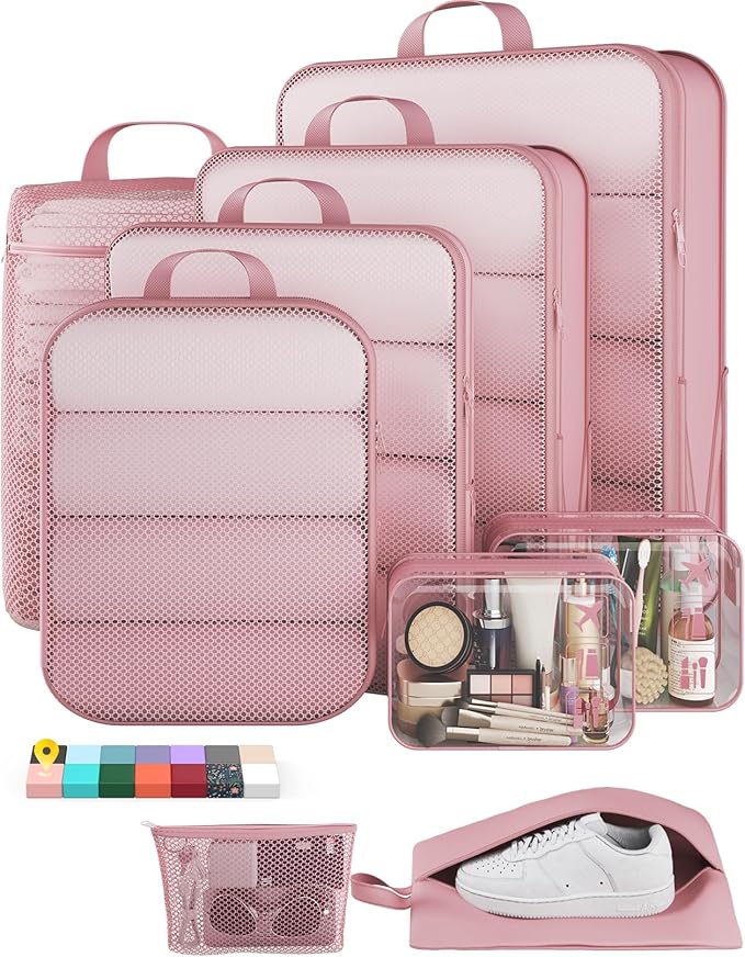 Veken 9/11 Set Compression Packing Cubes for Travel Essentials, Compressible Expandable Large Luggage Suitcase Organizer Bags for Clothing, Durable Space Saver Storage Bags with Toiletry Bags (Pink)