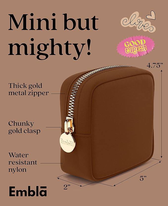 Embla Makeup Bag Travel Cosmetics Pouch and Toiletry Bag, Nylon Zipper Pouch Purse, Cute Make Up Organizer Storage Tote for Women Girls, Waterproof Travel Skincare Case, Small Makeup Bags, Chocolate