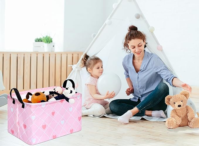 KUNRO Rectang Heart Valentine's Storage Basket Gift Shelf Basket Storage Bin, Nursery Basket Organizer Box for With Handles for Room Deco