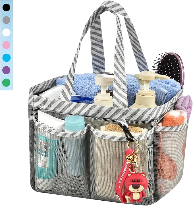 Haundry Mesh Shower Caddy Bag, Portable College Dorm Bathroom Tote, Quick Dry Holder for Camp Gym, 8 Basket Pockets with Key Hook and 2 Oxford Handles, Gray