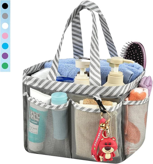 Haundry Mesh Shower Caddy Bag, Portable College Dorm Bathroom Tote, Quick Dry Holder for Camp Gym, 8 Basket Pockets with Key Hook and 2 Oxford Handles, Gray
