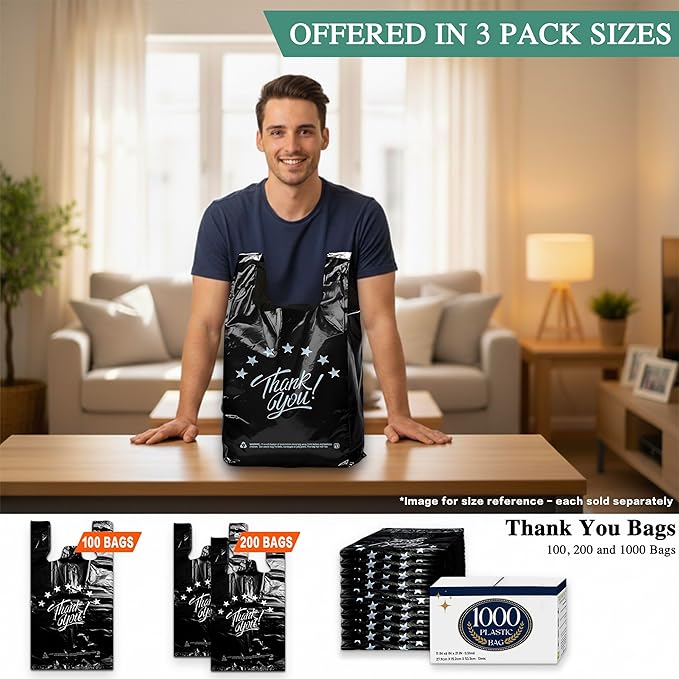 YoYoRain 1000 Count Black “Thank You” T-Shirt Bags – Reusable & Disposable Grocery & Supermarket Carry Bags, 11"x6"x21"