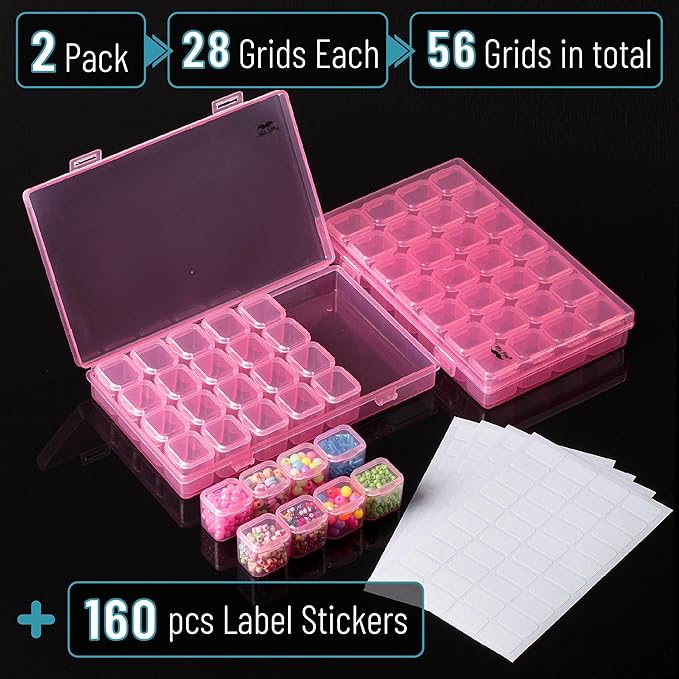 Mr. Pen- Bead Storage Containers, 28 Grids, 2 Pack, Transparent Pink Small Bead Organizer Box