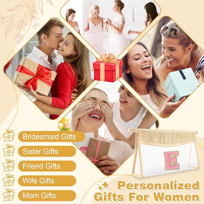 Small Boho Straw Initial Letter Makeup Bag Personalized Gift ,Cute Clear Chenille Patch Makeup Bag With Zipper,Trendy TSA Approved Travel Toiletry Bag,Gift for Women Girls Birthday Friend, Letter E