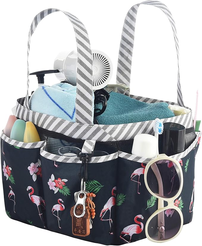 Haundry Portable Shower Caddy Bag with Long Handle, Fabric Caddy Tote Organizer with 8 Pockets for College Dorm Room Essentials, Hanging Bathroom Basket for Student Boy Girl Gym Travel Camp