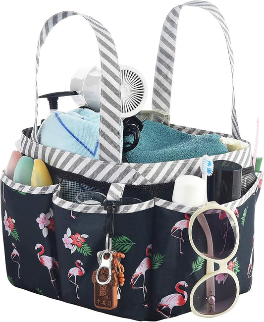 Haundry Portable Shower Caddy Bag with Long Handle, Fabric Caddy Tote Organizer with 8 Pockets for College Dorm Room Essentials, Hanging Bathroom Basket for Student Boy Girl Gym Travel Camp