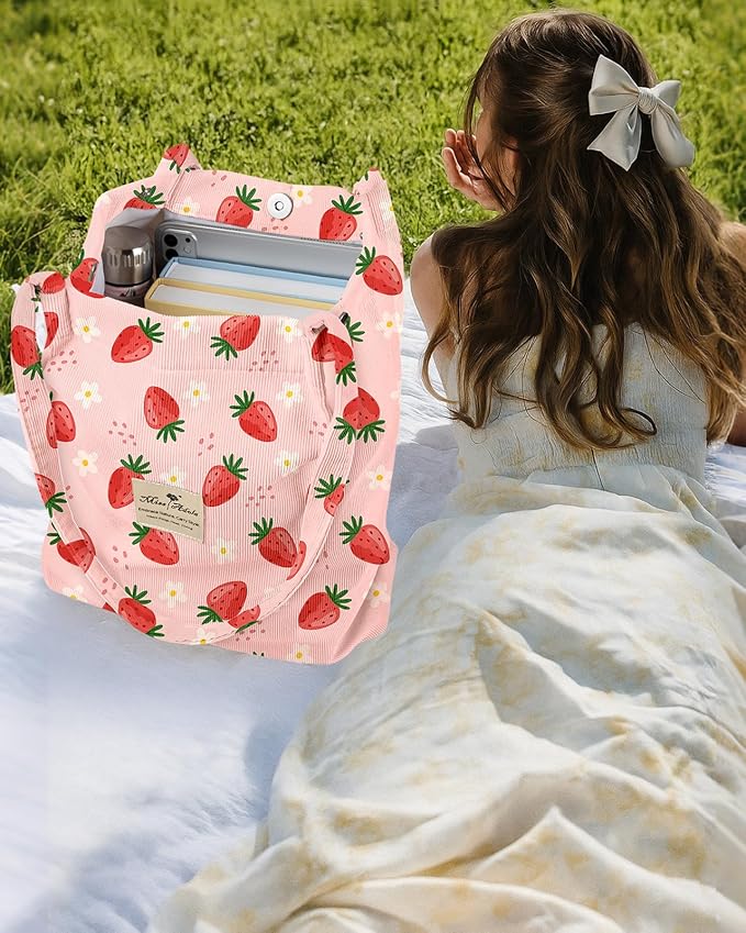 Miss Adola Corduroy Tote Bag for Women - Reusable Totes with Pocket & Buckle Cute Aesthetic Shoulder Bag for Work Travel