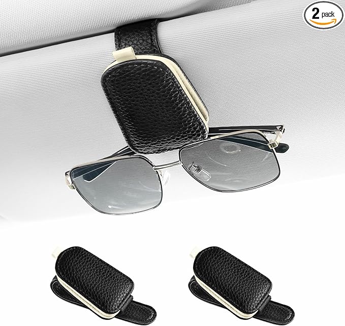 SINGARO Sunglasses Holder for Car, Leather Magnetic Buckle Sun Visor Sunglass Clip, Ticket Card Storage Glasses Clip, Car Interior Accessories for Men and Women（2PCS Black-Beige）