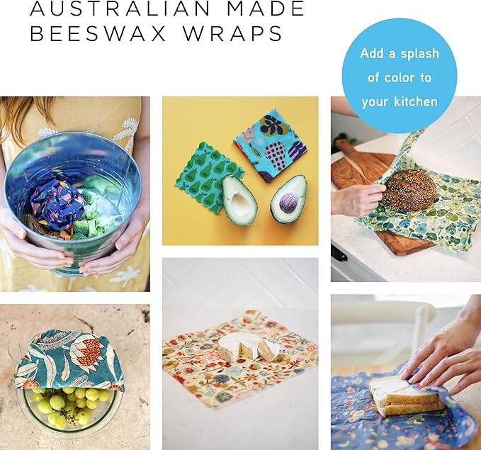 Honeybee Beeswax Wraps - Kitchen Starter Pack with Wax Replenish Block - Certified Organic Cotton Beeswax Wrap - Reusable Beeswax Food Wrap - 3 Pack - Small, Medium & Large