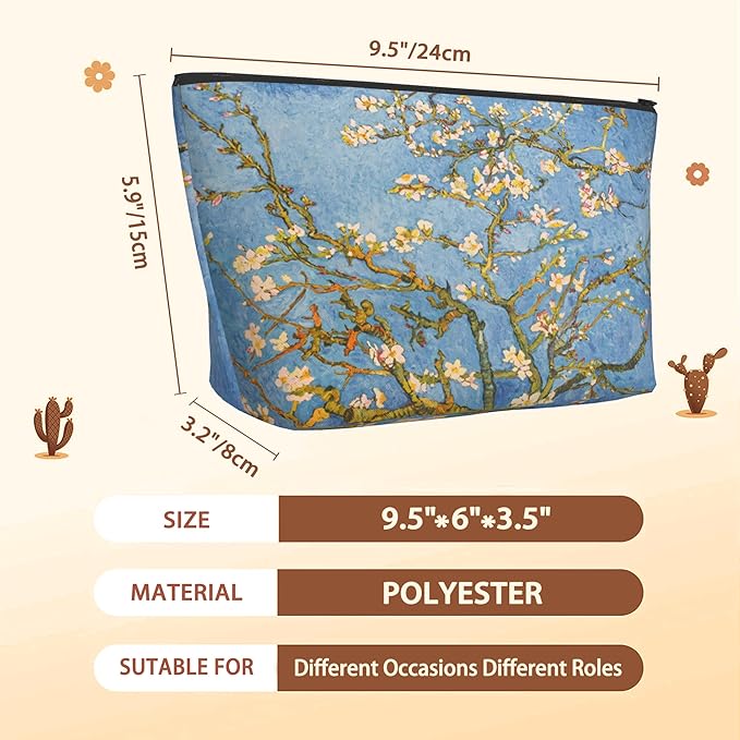 Blossoming Almond Tree Cosmetic Bag Flower Makeup Bags,Travel Make up Bags for Women Girls Cute Zipper Pouch Toiletry Organizer Bag Travel Essentials