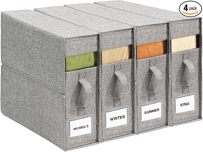 4Pack Sheet Organizers for Linen Closet - King/Queen Size Bedding Storage Boxes with Clear Window, Foldable & Dustproof Linen Organizer for Blankets & Sheet Sets,Grey