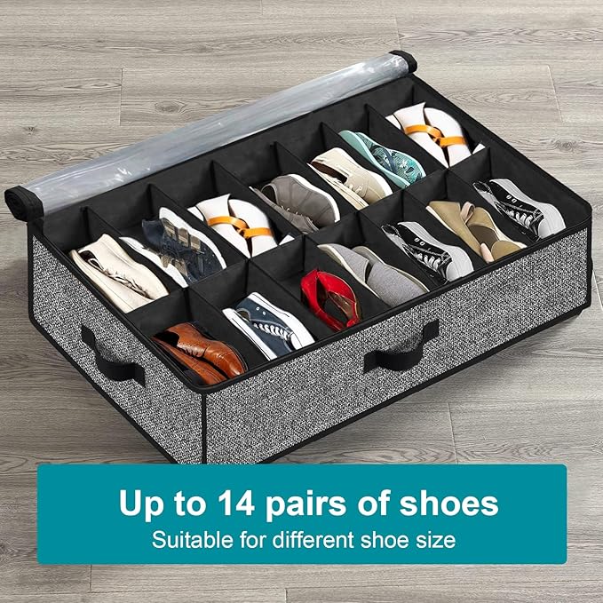 Under Bed Shoe Storage Organizer for Closet, 2 Pack - Fits 28 Pairs, Underbed Shoe Container Boxes with 2 Sturdy Handles and Clear Window, Black