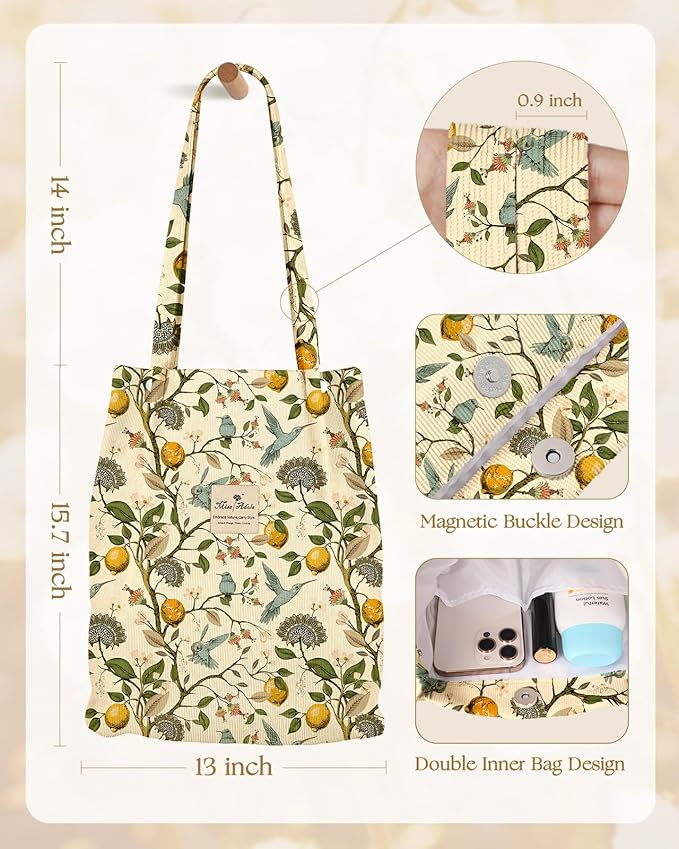 Miss Adola Corduroy Tote Bag for Women - Reusable Totes with Pocket & Buckle Cute Aesthetic Shoulder Bag for Work Travel