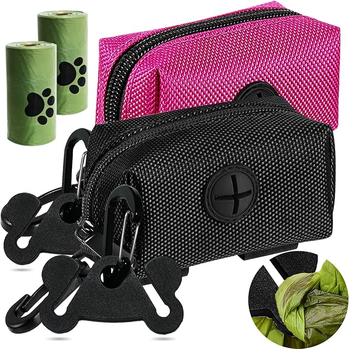 Hilihali 2-Pack Dog Poop Bag Holder for Leash Attachment, Dog Poop Bag Dispenser, Dog Waste Bag Dispensers, Dog Poop Bag Holders, Fit Dog Leash Accessory With Hands-Free Holder Carriers, Pink & Black