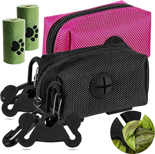 Hilihali 2-Pack Dog Poop Bag Holder for Leash Attachment, Dog Poop Bag Dispenser, Dog Waste Bag Dispensers, Dog Poop Bag Holders, Fit Dog Leash Accessory With Hands-Free Holder Carriers, Pink & Black