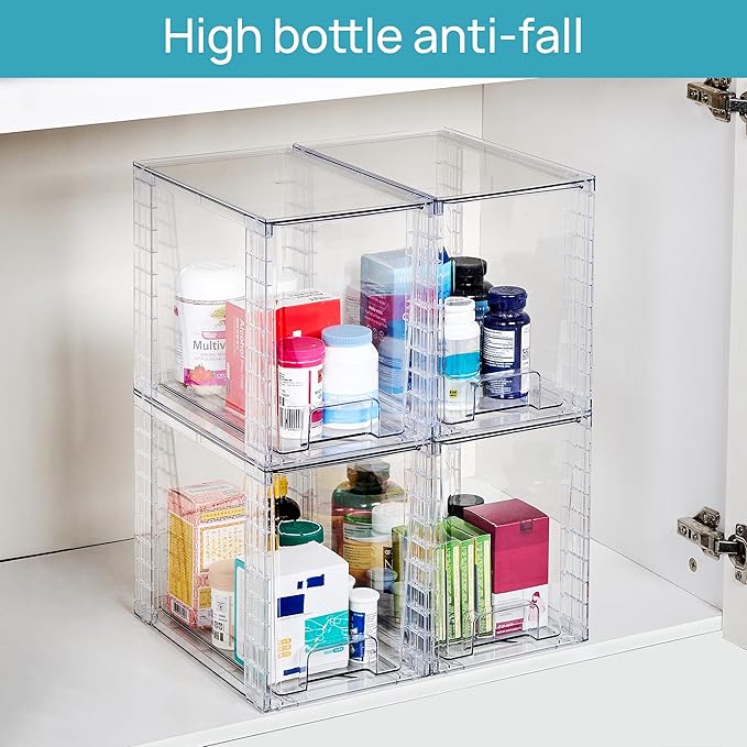 Vtopmart 4 Pack Clear Stackable Storage Drawers, 9.7" High Plastic Organizers Bins for Skincare, Bathroom Supplies, Ideal for Cabinet, Undersink, Vanity, Kitchen, Pantry Organization