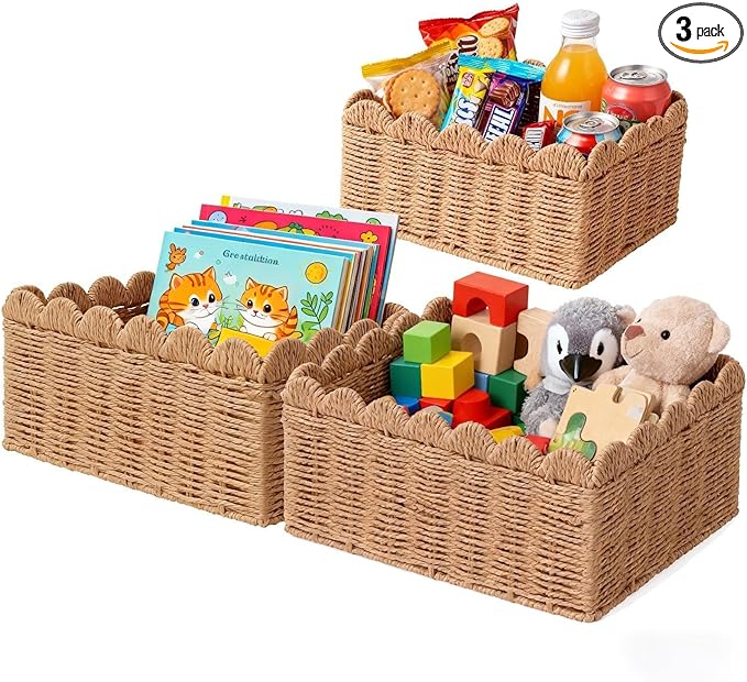 Luckybell 3 Pcs Wicker Baskets for Organizing,Scalloped Baskets, Hand-woven Wicker Storage Cubes, Paper Rope Shelf Baskets for Organizing and Decoration,Brown Basket