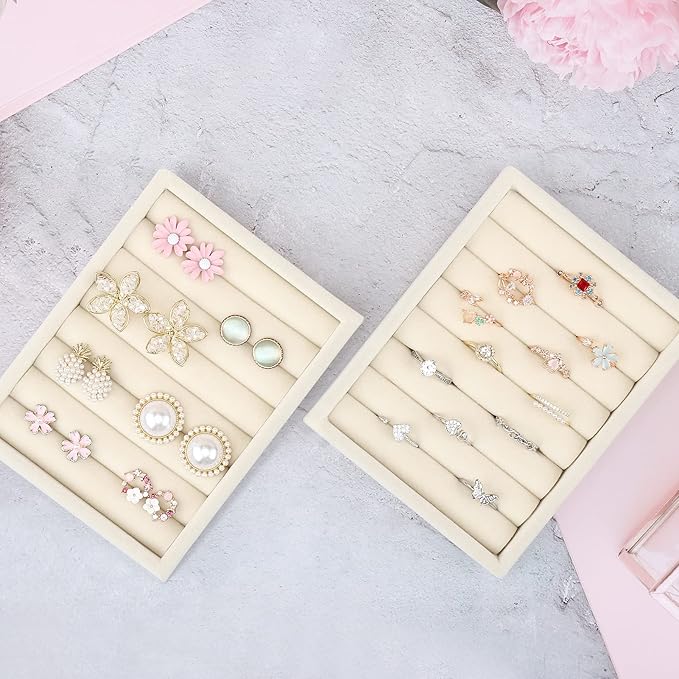 DesignSter Small Jewelry Tray-Ring Organizer 2PCS Premium Velvet Rings Earrings Display Tray Storage Insert Holder for Jewelry Box, Drawer, Dresser (8 Slots, Beige)