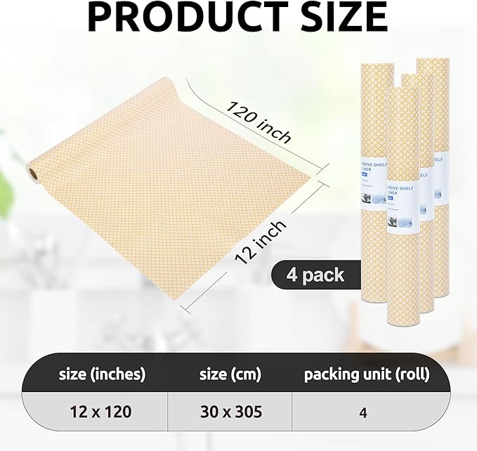 RAY STAR 12X120 Inch Shelf Liner for Kitchen Cabinets, Non-Adhesive Cabinet Liner Washable, PVC Drawer Liner for Dresser Non-Slip Bathroom (Yellow Circle)(4 Roll)