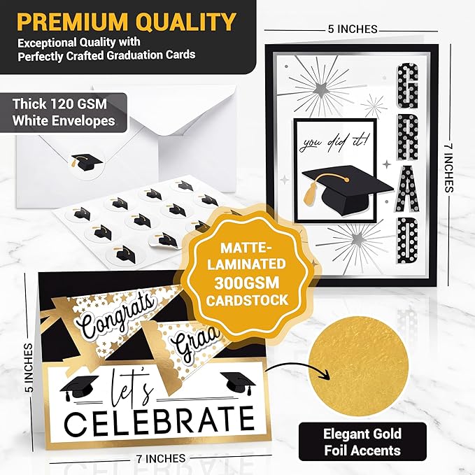 AUDREE Gold Foil Graduation Cards 2026 (5x7) - 12 Pack Grad Design with Envelopes & Stickers Bulk Assortment for College & High School, Congrats Grad Gifts Decorations for Him Her (Printed Messages)