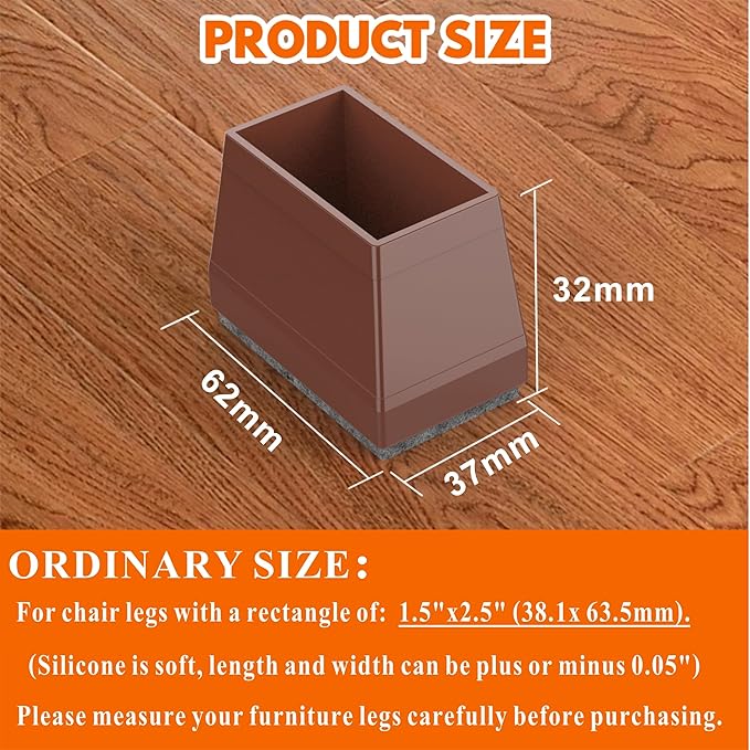 Rectangle Chair Leg Protectors for Hardwood Floors,16 PCS Silicone Covers to Protect Wood Tile Floors Felt Pads Furniture Leg Caps Reduce Noise. Easy to Move.(Brown,1.5 x 2.5 Inch,Rectangle)