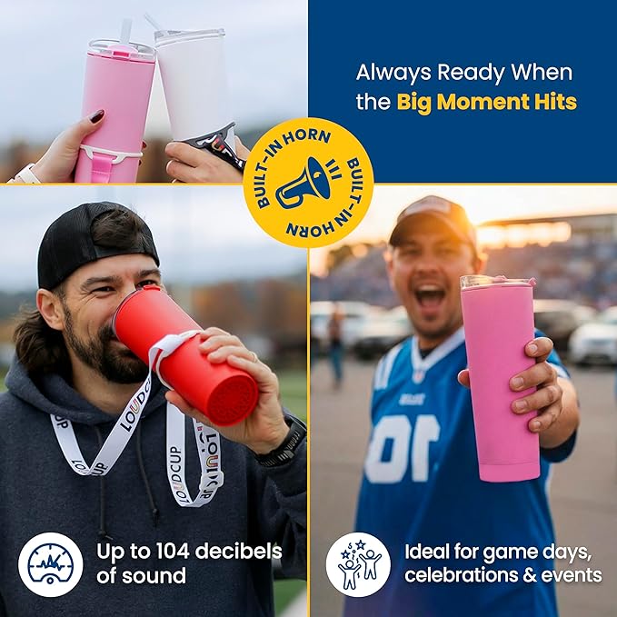 The LoudCup Blow Horn Tumbler, Cheer & Sip 2-in-1 Reusable Water Bottle with Built-In Horn for Sports Games, Tailgates, Parties & Events, BPA-Free