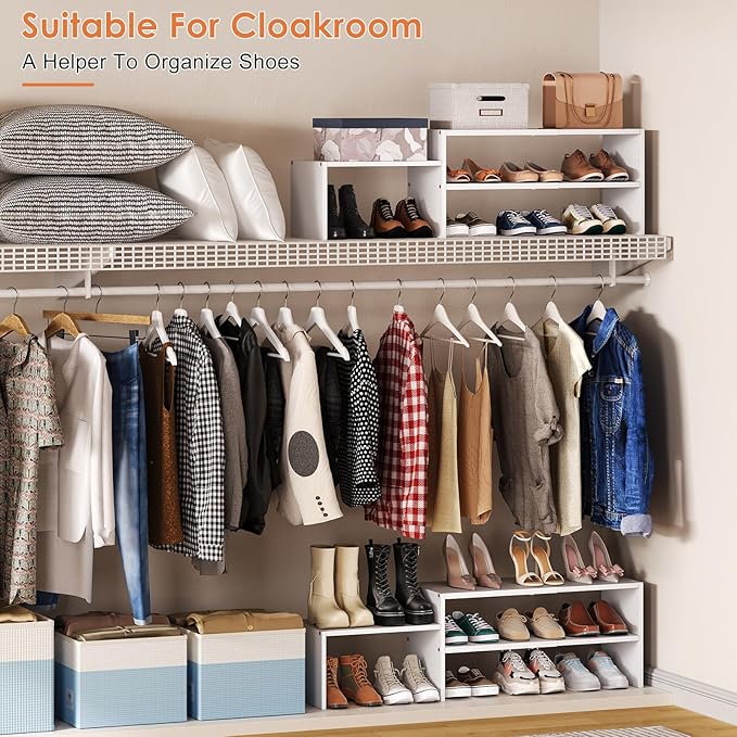 44.6 Inches Expandable White Shoe Rack Organizer for Closet,Adjustable Small Shoe Storage Shelves,Metal Wood Combination Shoe Shelf Stand Holder for Closets,Entryway,Front Door,Narrow Space,10-13 Pair