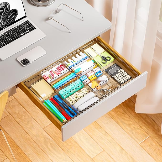 Yieach Large Expandable Desk Drawer Organizer Tray for Office Supplies and Accessories With 12 Adjustable Compartments,Office Drawer Organizers for Pencil,Pen and Kitchen Junk Drawer Organizer,Clear