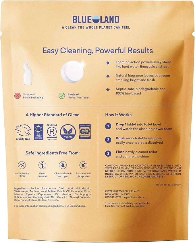 BLUELAND Toilet Bowl Cleaner Tablets, 2-Pack, 28 Count, Peppermint Eucalyptus, Plastic-Free, No Harsh Chemicals, Plant-Based