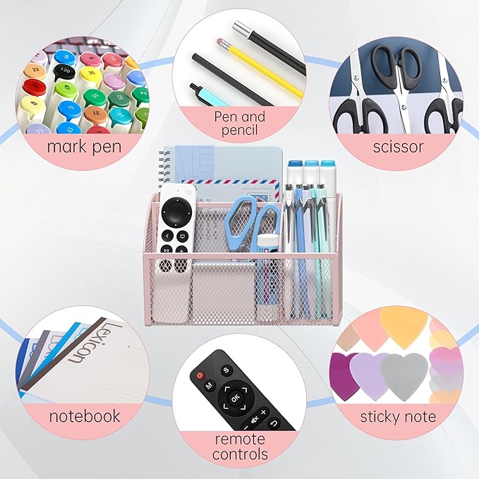 YINGHUA Strong Magnetic Pen Holder for Whiteboard and Refrigerator 3 Compartments Metal Mesh Organizer Space Saving Shelf for Office School Home and Locker - Pink