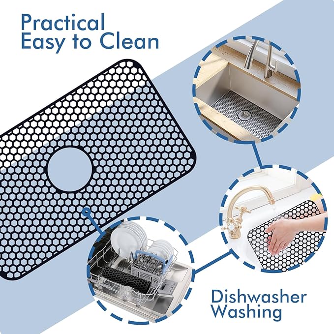 Silicone Sink Protectors for Kitchen Sink with Center Drain, 26"x 14" Kitchen Grid Accessory, Non-Slip Heat-Resistant Mat for Bottom of Farmhouse Porcelain Stainless Steel (Center Hole, Black)
