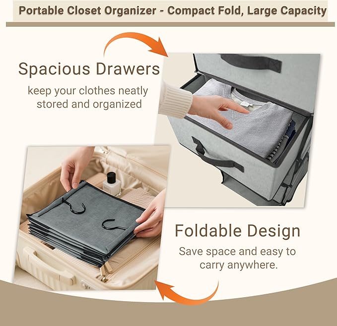 2-in-1 Durable 6-Tier Hanging Closet Organizer with 4 Removable Drawers,2 Separable 3-Tier Thickened Fabric Hanging Shelf Clothes Storage Organization Space-saving for Bedroom,Dorm,Guestroom,RV,Travel