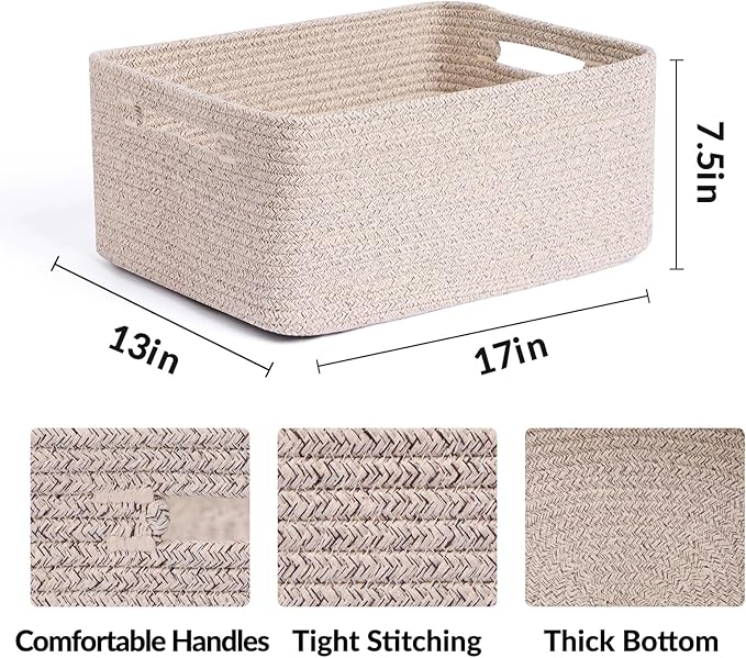 MiniArk Large Storage Baskets for Shelves, Closet Organizers Bins for Clothes Blanket Towels, Baby Nursery, Toy Baskets Box, Woven Rope Baskets, 17 x 13 x 7.5”, 3 Packs Mixed Brown
