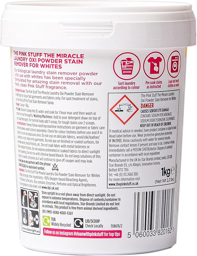 Stardrops - The Pink Stuff - The Miracle Laundry Oxi Powder Stain Remover Specifically Formulated for Whites,1 kg,(Pack of 2)