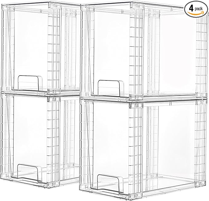 Vtopmart 4 Pack Clear Stackable Storage Drawers, 9.7" High Plastic Organizers Bins for Skincare, Bathroom Supplies, Ideal for Cabinet, Undersink, Vanity, Kitchen, Pantry Organization